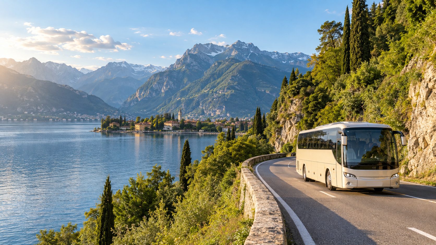 A touring coach travelling beside an alpine lake